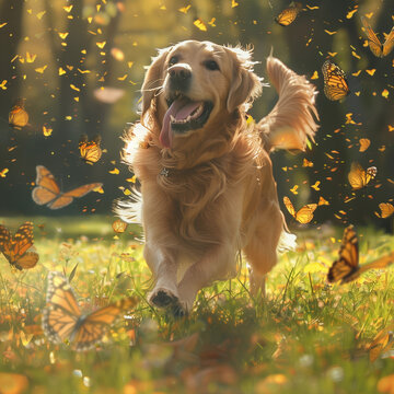 Joyful Golden Retrievers Running in a Sunny Green Field, Embracing the Outdoors and Their Playful Spirit on a Beautiful Summer Day