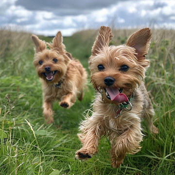 Joyful Yorkshire Terriers Running in a Grassy Field Under a Bright Blue Sky, Full of Energy and Playfulness on a Beautiful Summer Day