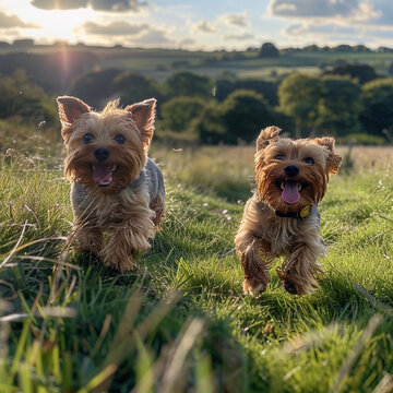 Joyful Yorkshire Terriers Running in a Grassy Field Under a Bright Blue Sky, Full of Energy and Playfulness on a Beautiful Summer Day.