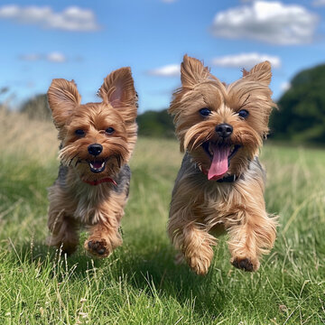 Joyful Yorkshire Terriers Running in a Grassy Field Under a Bright Blue Sky, Full of Energy and Playfulness on a Beautiful Summer Day.