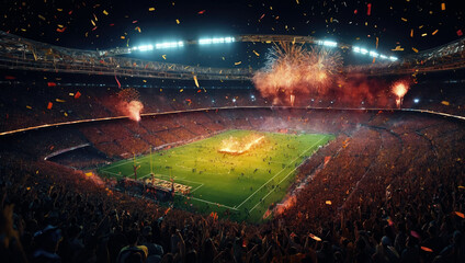 night aerial view of a large football stadium full of lights and celebrations and fireworks