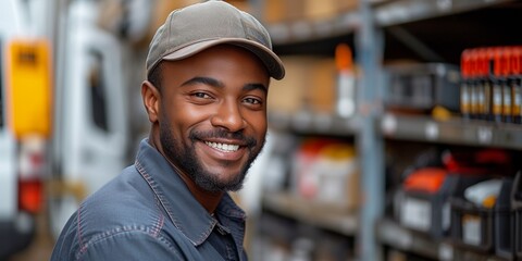 A smiling young man poses confidently in a warehouse, embodying professionalism and success in the logistics industry.
