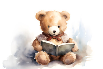 Watercolor little bear reading a book against light background with copy space - obrazy, fototapety, plakaty