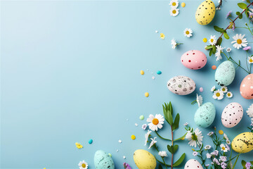 Colorful Easter background full of decorated eggs on copy space - obrazy, fototapety, plakaty