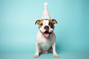 american bulldog happy dog in celebration cone speckled, on party zone at birthday, on pastel backgrounds
