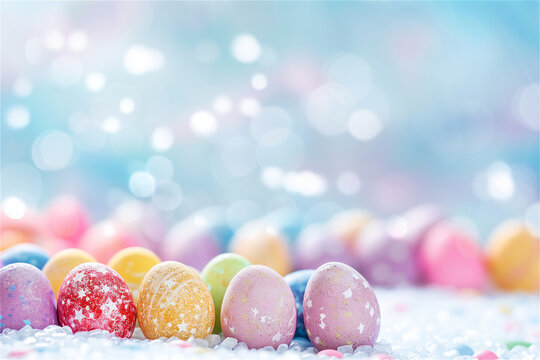Colorful Easter background full of decorated eggs with copy space