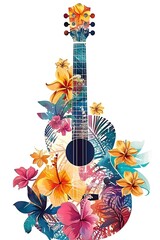 an ilustration of acoustic guitar witg floral ornament with hawaai style