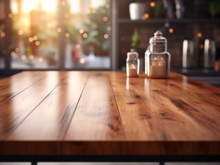 Empty wooden table in front of coffee shop blur background with bokeh image. - obrazy, fototapety, plakaty