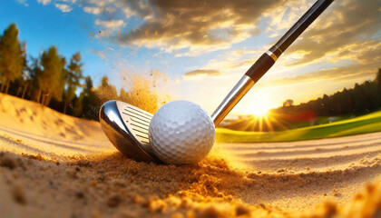 Dynamic Impact of golf Swing. Closeup of a white golf ball and a metal golf club on a golf course in a sand trap. Generative Ai. - obrazy, fototapety, plakaty