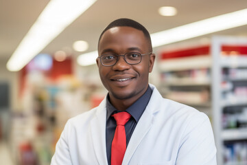 Fototapeta premium pharmacist man, smiling, in white coat and red tie, blue shirt against blurred background of shelves with medicines