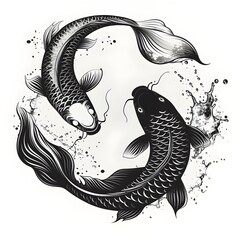 black and white illustration of koi fish as yin and yang
