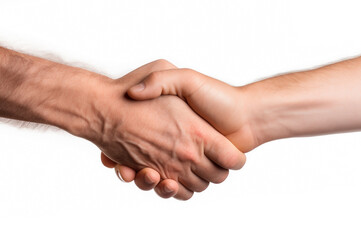 two male strong hairy hands shaking each other in greeting or agreement, isolated on white background