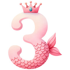 Pink Mermaid Tail Number Three Illustration a whimsical with a mermaid tail and crown, perfect for birthday themes and invitations.