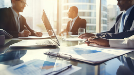 Obraz premium Image of business partners discussing documents and ideas at a meeting. Business People, Meeting, Conference, Discussion, Corporate Concept
