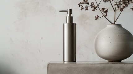 Minimalistic cylindrical shampoo dispenser with a sleek pump. Brushed metal and contemporary ceramic surface create an interplay of textures for visual interest