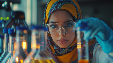 Woman scientist in a hijab conducting scientific research  - obrazy, fototapety, plakaty