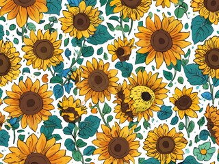 Colorful sunflowers and branches Illustration. Seamless pattern background.