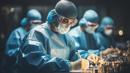 In a state-of-the-art operating room, a focused surgical team clad in sterile blue attire works meticulously, with a surgeon at the forefront concentrating on a precise medical procedure - obrazy, fototapety, plakaty