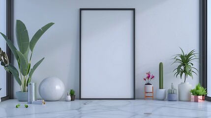 3D render of a sleek and modern poster blank frame in a futuristic minimalist living room with high-tech gadgets and sleek surfaces