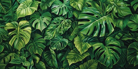 Close-up of lush, vibrant green foliage in a hyper-realistic and intricate jungle. The smooth, glossy leaves display intricate textures, veined and rough - obrazy, fototapety, plakaty