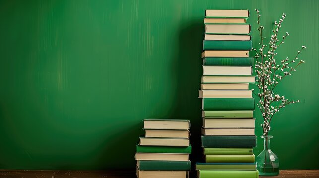 Vertical stack of neatly arranged books in a green library setting, creating an academic and scholarly atmosphere perfect for studying and learning