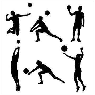 Silhouettes of volleyball players on a transparent background