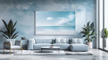 3D render of a sleek and modern poster blank frame in a contemporary coastal living room with serene ocean-inspired hues