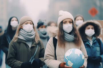 Woman holding a globe as a sign in an ecological protest. Activists wearing protective masks marching for the environment.