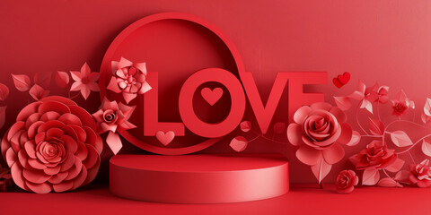 "LOVE" text . Red podium background for product, Symbols of love for women's holiday, Valentine's Day, 3D rendering paper flowers with empty space for text or greeting card design. Postcard