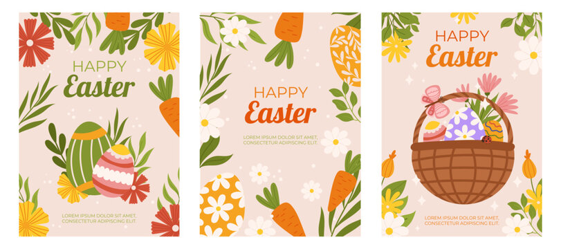 Easter collection of vertical greeting cards template. Design with floral frames, painted eggs in basket, carrot. Hand drawn flat vector illustration.