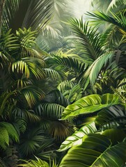 Exquisite tropical rainforest with lush green foliage, vibrant colors, and diverse plant life. High-definition image capturing the natural beauty of a dense jungle filled with palm fronds and ferns