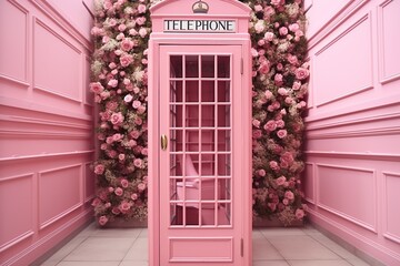 Pink Phone Booth with Pink flower pink imaginations pink world Pink Fantasy AI Generated 