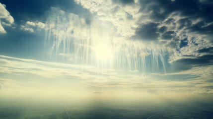 aerial view of blue sky and vertical clouds or chemtrails - obrazy, fototapety, plakaty