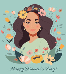 International Women's Day concept. A cute girl with a bright smile surrounded by a variety of colourful flowers. March 8. Flat vector illustration.
