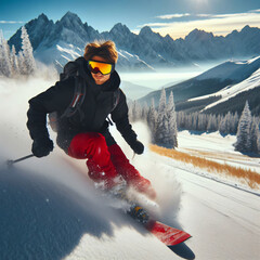 Young man in sport clothes skiing on the top of mountains with googles - obrazy, fototapety, plakaty