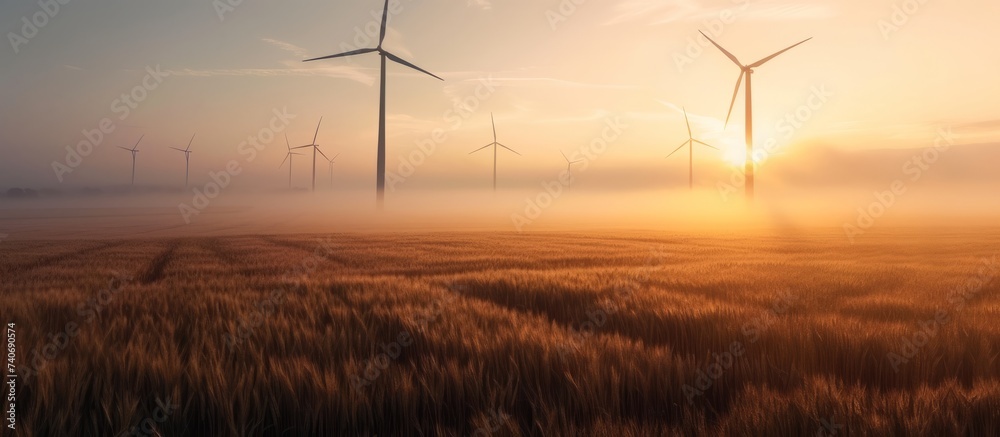 Canvas Prints Majestic wind turbines generating environmentally friendly energy in rural field at colorful sunrise