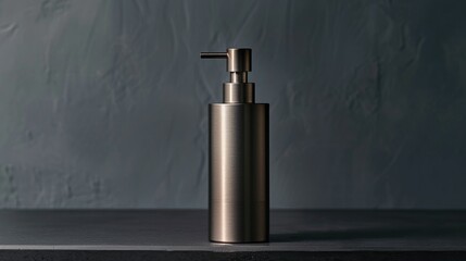 Contemporary ceramic cylindrical shampoo dispenser with a sleek metallic finish and refined lines