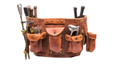 A photo of a leather tool belt filled with various tools for construction or DIY projects. on White or PNG Transparent Background.