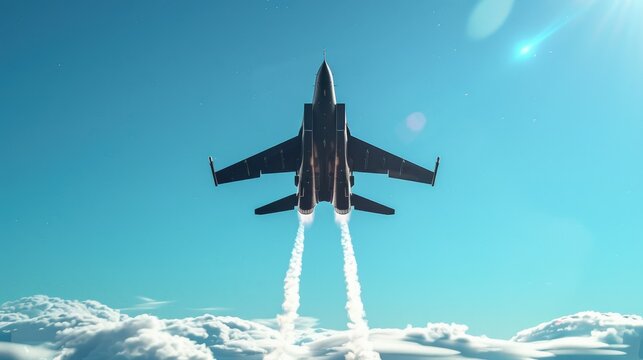 High-performance military fighter jet taking off in vivid blue sky, leaving trails of sharp exhaust. Capturing speed, agility, and precision of aviation technology