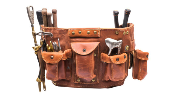 A photo of a leather tool belt filled with various tools for construction or DIY projects. on White or PNG Transparent Background.