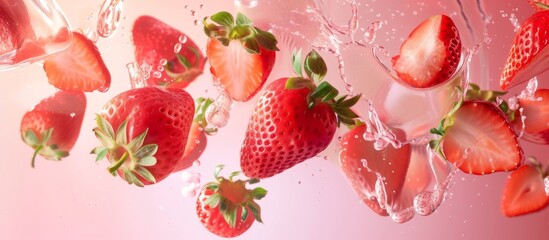 Strawberries are dropping into liquid on a pink background, showcasing their vibrant color and natural fruit ingredients for a delicious recipe