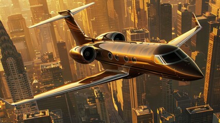 Private jet in golden sunlight, soaring above a city skyline of towering skyscrapers. Sleek, polished exterior with reflective glass surfaces exudes opulence and sophistication
