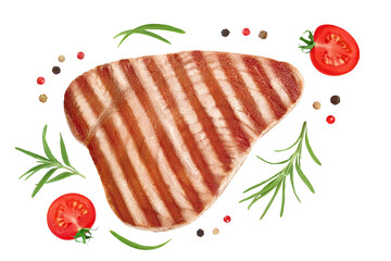 Tuna fish steak grilled isolated on white background . Top view. Flat lay