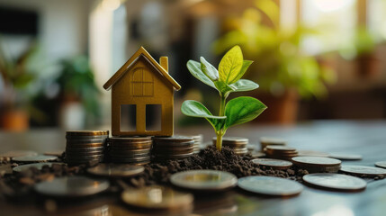Sustainable growth in real estate, this image features a model house with coins and a young plant sprouting from the soil, embodying the concept of a growing investment - obrazy, fototapety, plakaty