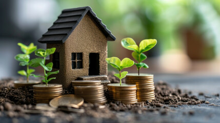 Sustainable growth in real estate, this image features a model house with coins and a young plant sprouting from the soil, embodying the concept of a growing investment