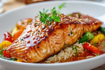 Close-up of a beautifully plated teriyaki-glazed salmon dish with jasmine rice, stir-fried veggies,...