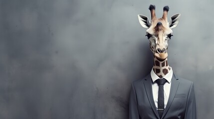 Anthropomorphic giraffe in business suit working in studio with empty wall for text.