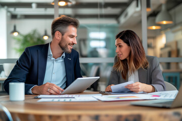 Colleagues Collaborating on Project in Bright Workspace. Two colleagues are engaged in a collaborative project, discussing over documents and a digital tablet in a well-lit, modern workspace.