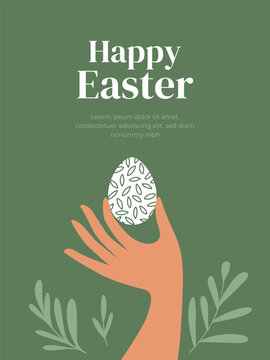 Happy Easter holiday greeting card, poster, invitation, design element, banner template. Human hand holding white painted Easter egg on green background. Decor eggshell. Isolated vector illustration