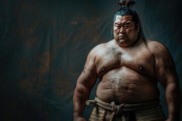 Fototapeta na wymiar Portrait of a Japanese sumo wrestler from the waist up looking at the camera on a dark background with space for text